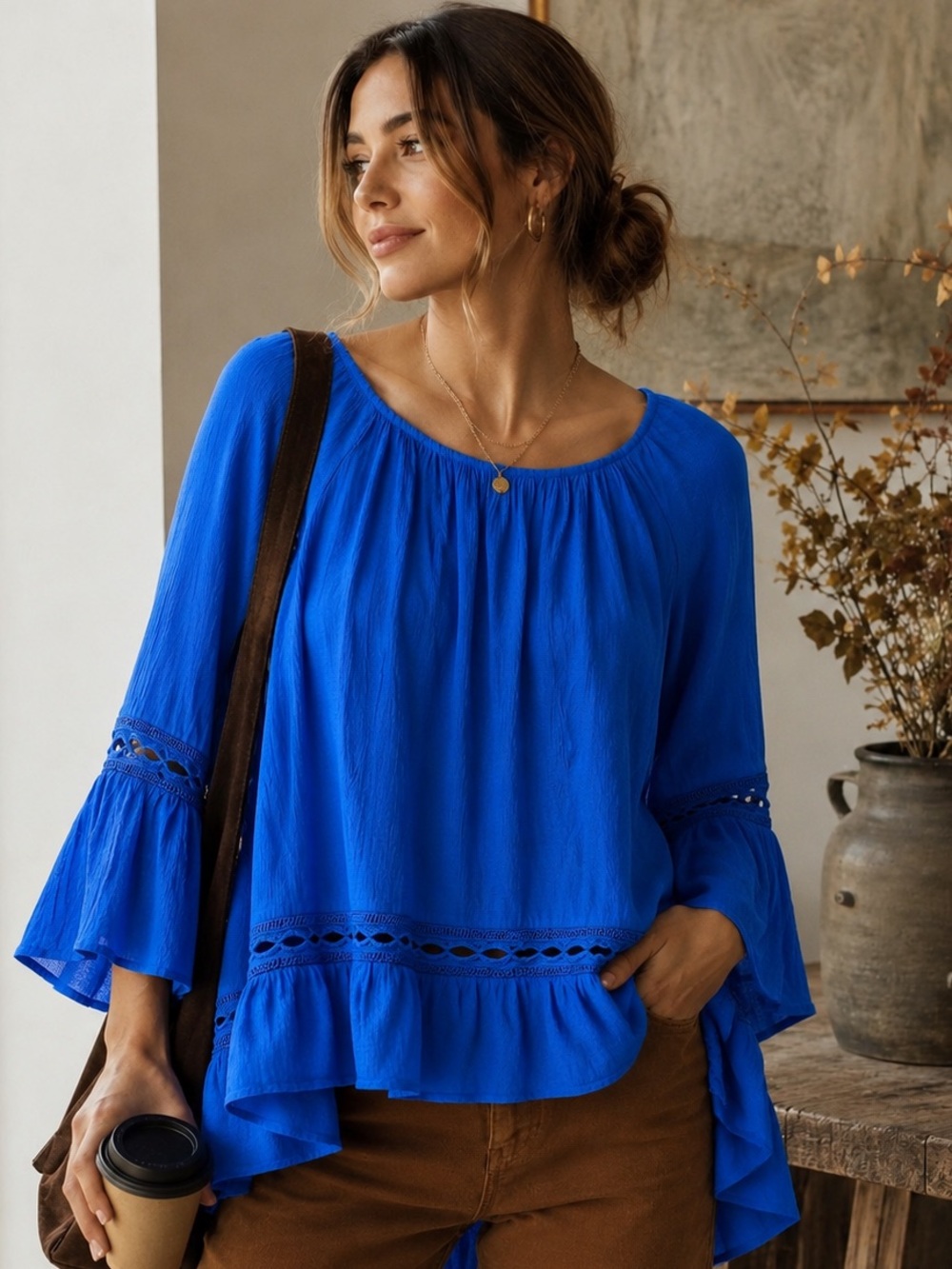 Counterparts Cobalt Blue Embroidered Pelplum Boho Fairycore Bell Sleeve HiLo Top